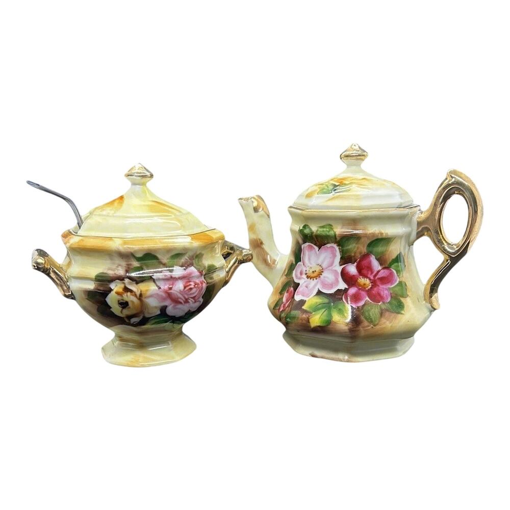 Vintage Enesco Creamer And Sugar Bowl Jar Pink Purple Violets Floral E2357/E2364